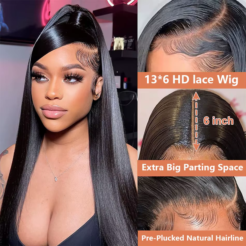 Perruques de cheveux humains lisses noires naturelles de 30 pouces, avec dentelle frontale 360, dent