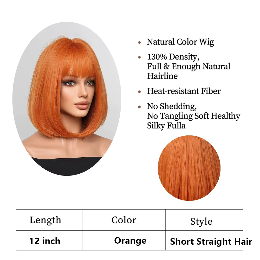 Perruque synthétique de coiffure bob Orange, perruque de cosplay pour fête d'halloween, accessoire q