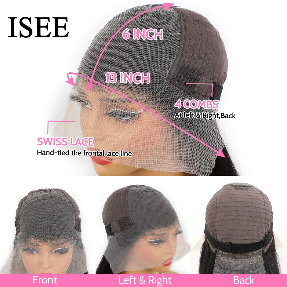 ISEE-Perruque Full Lace Front Wig naturelle lisse, cheveux humains, 13x6, pre-plucked, transparente,