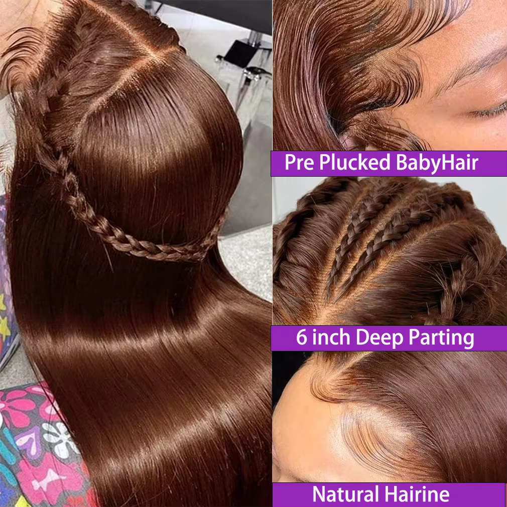 13x4 4 # Perruques Lace Front Marron Chocolat en Cheveux Humains pour Femmes, Perruque Frontale HD