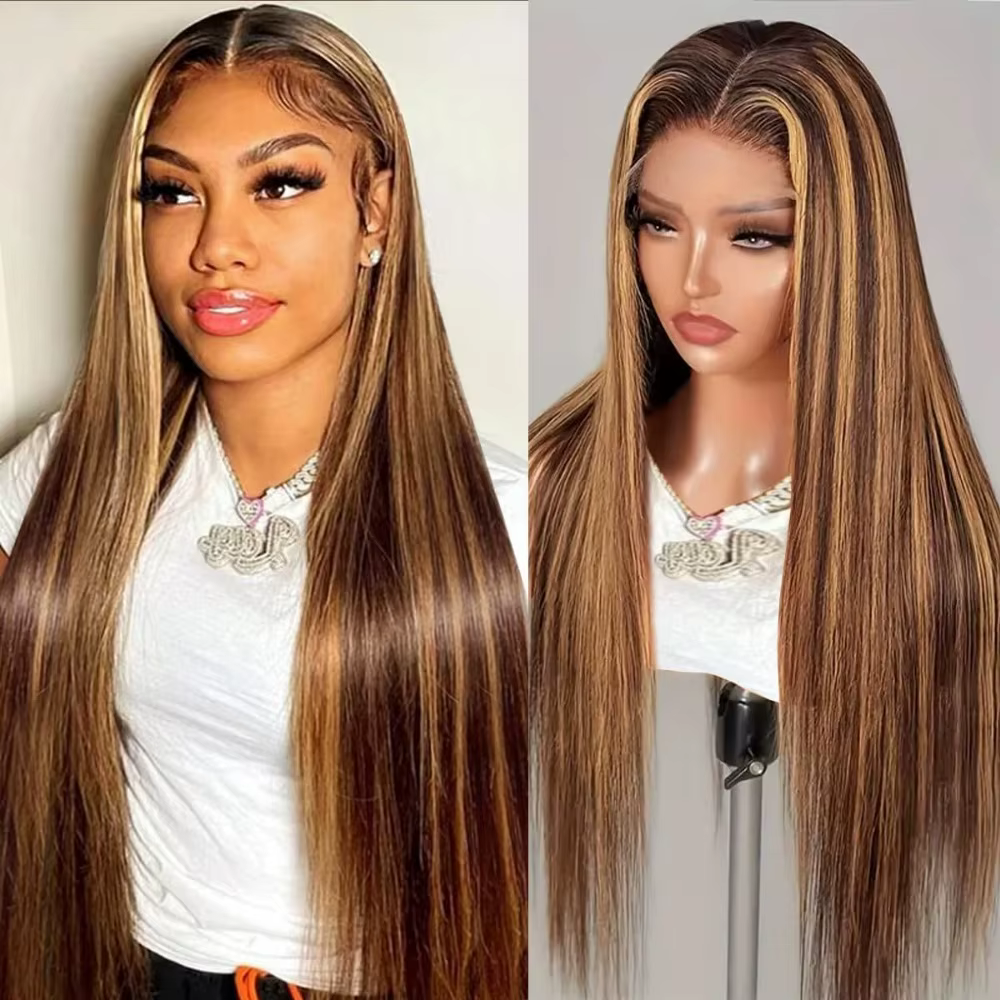 28 pouces 13x4 droite mettre en évidence perruque brésilienne cheveux humains 200% densité 4/27 coul