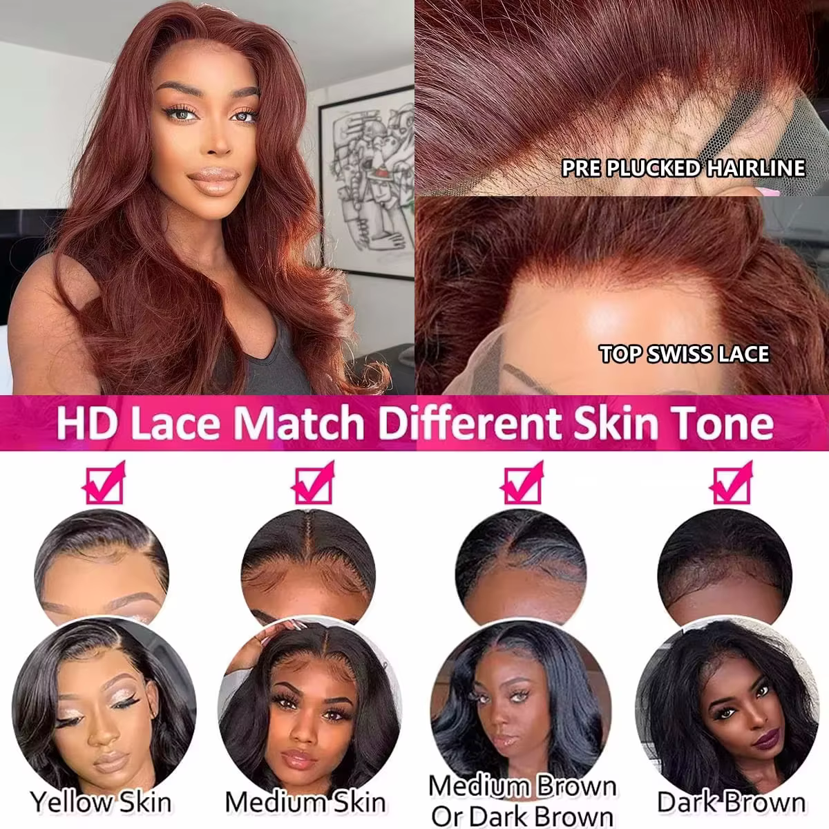 Perruque Lace Frontal Wig brésilienne naturelle, cheveux lisses, brun rougeâtre, 13x6 Hd, pre-plucke