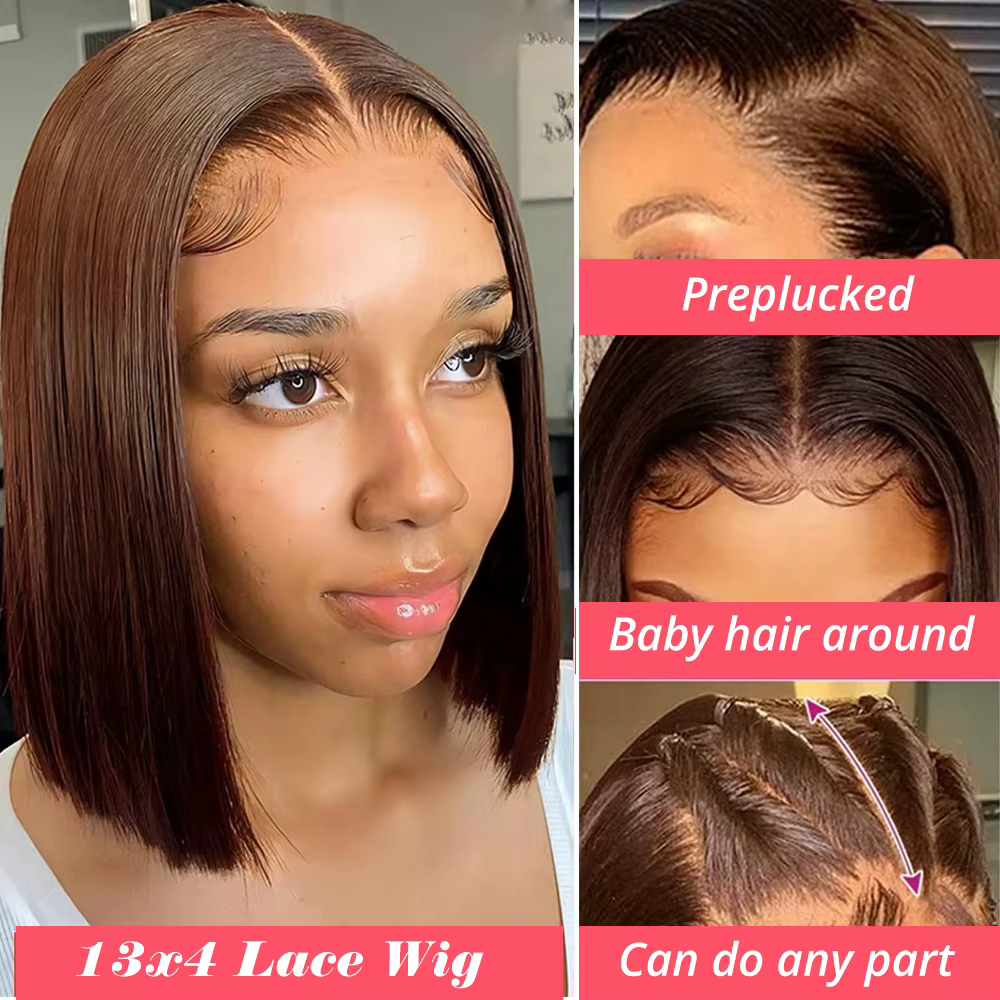 Perruque Lace Front 13x4 Bob Cheveux Humains Bruns Lisses Densité 180% Perruques Frontales en Dentel