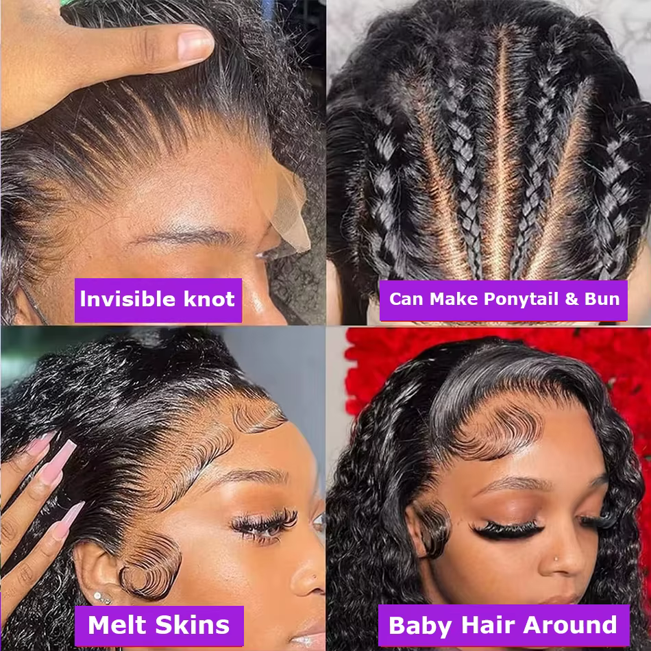 Perruque Lace Frontal Wig 360 HD sans colle, cheveux naturels, Deep Wave, 22 à 30 pouces, pre-plucke