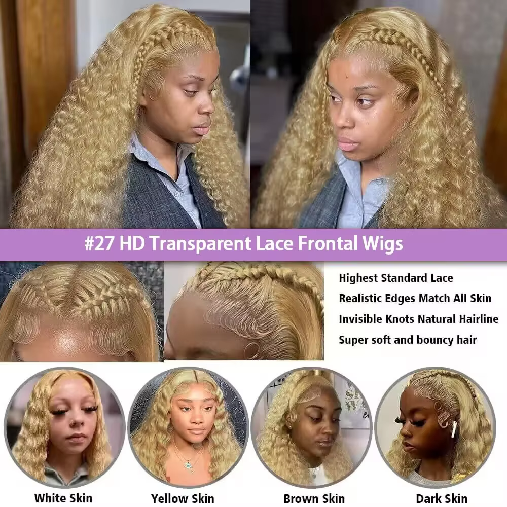 27 #   Perruque Blonde miel cheveux humains 13x6 cheveux humains bouclés dentelle frontale perruque 