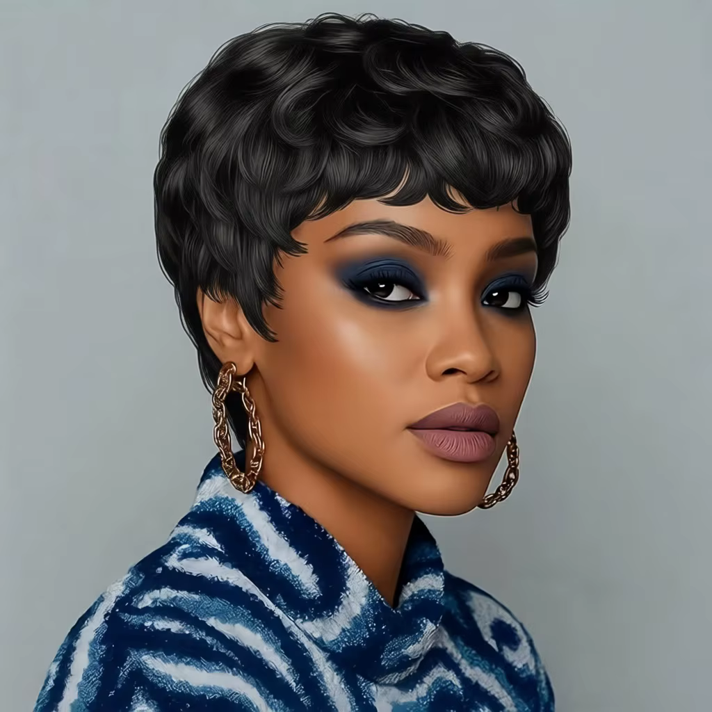 Perruque Pixie Cut en cheveux humains bouclés ondulés avec frange, entièrement fabriquée à la machin
