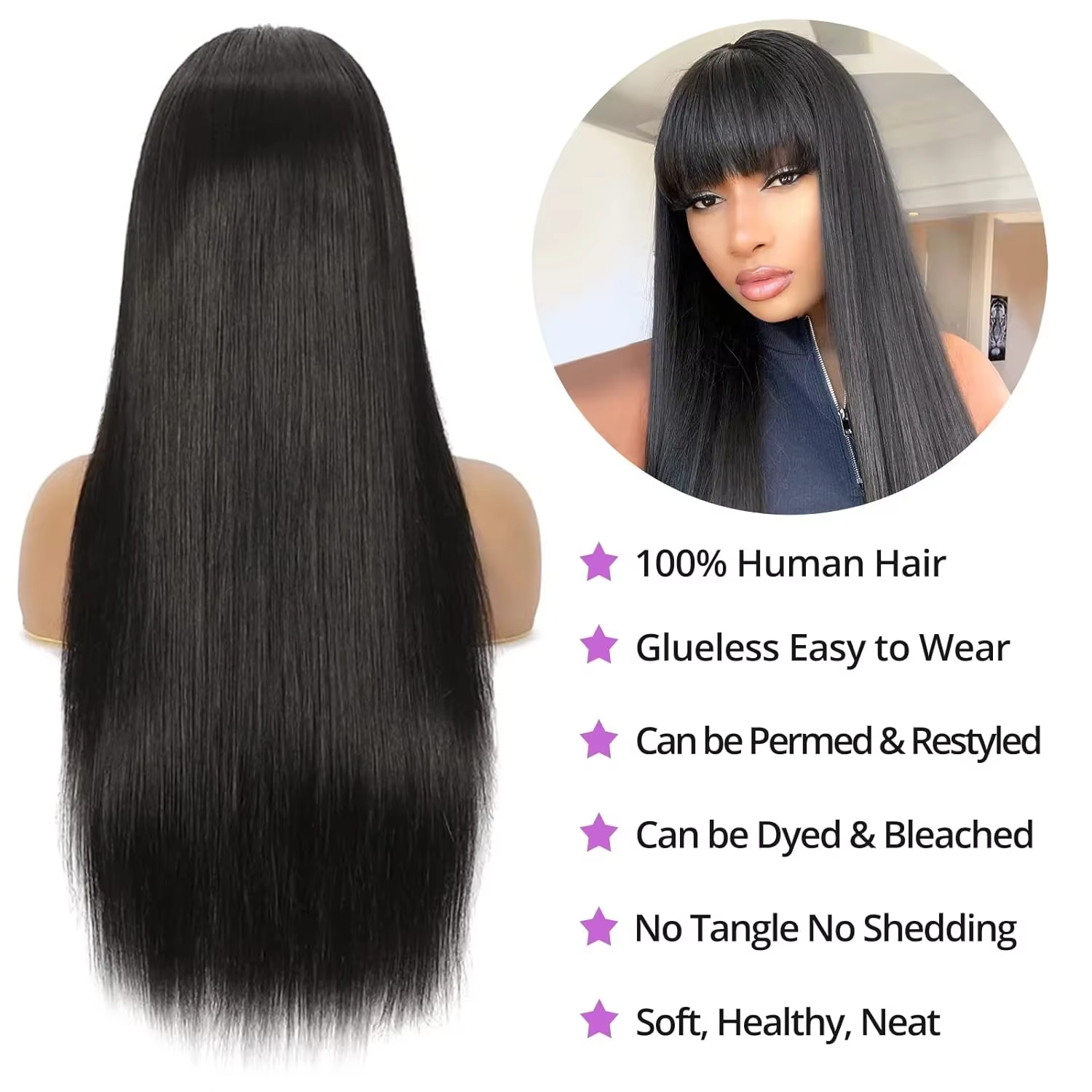 CORIIANA 30 34 pouces longue droite perruque de cheveux humains avec frange pour les femmes pas cher