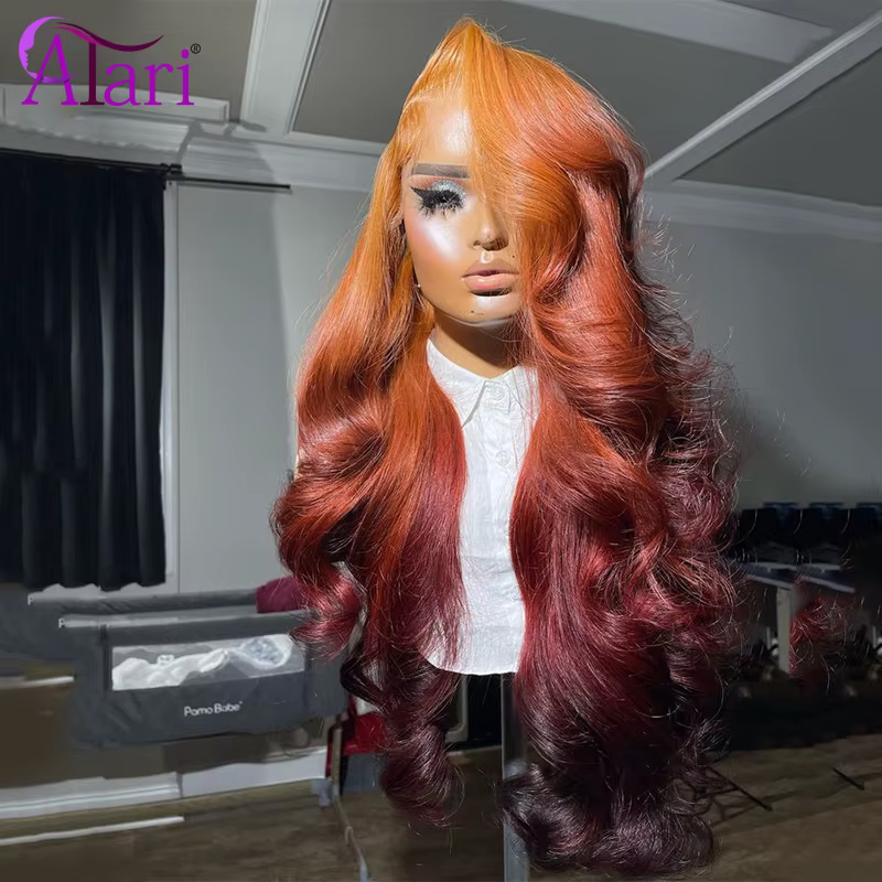 Perruque Lace Front Wig naturelle ombrée orange foncé, cheveux humains, 13x4, 5x5, 13x6, pre-plucked