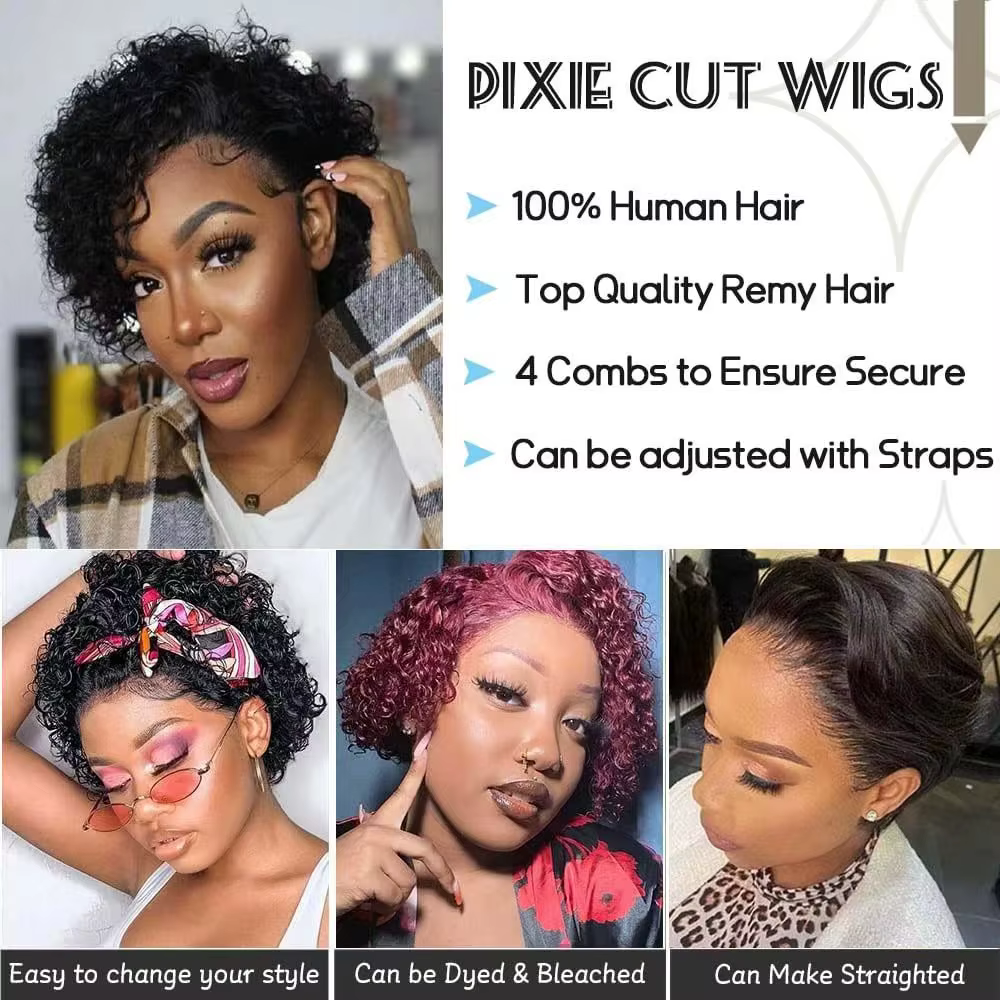 Perruque Pixie Cut Courte Bouclée en Cheveux Humains, Perruque Brésilienne Pas Chère en Cheveux Remy