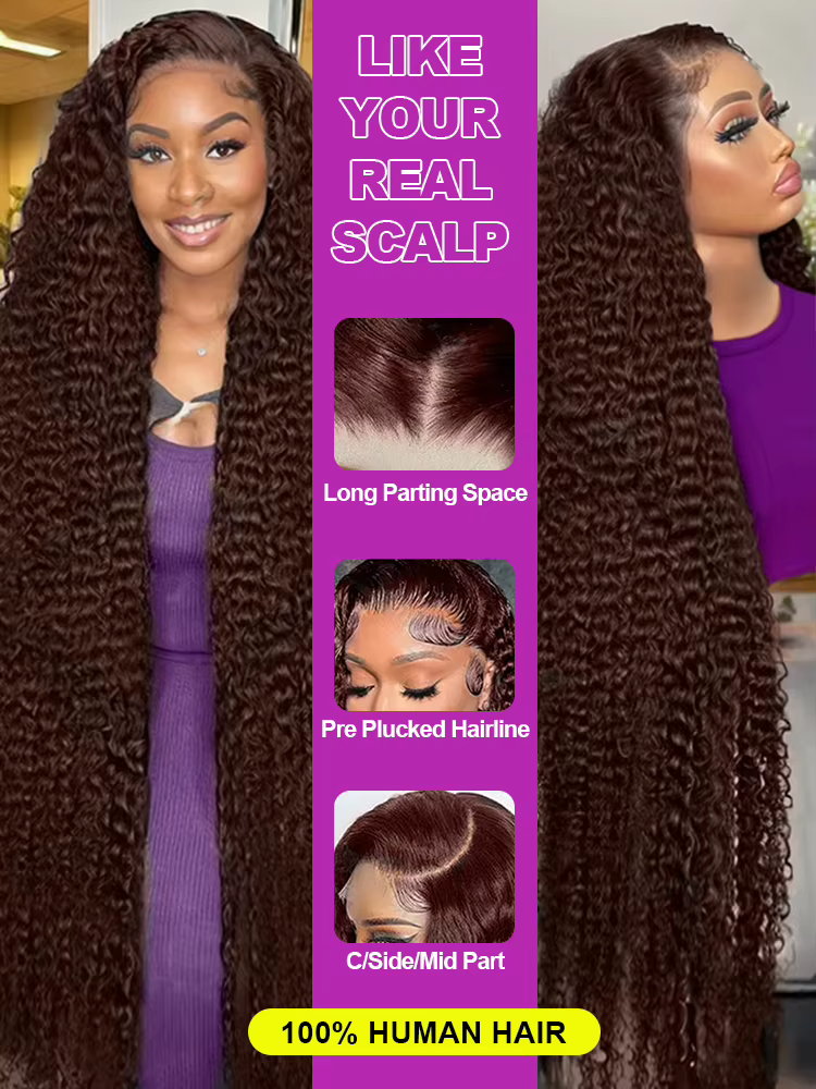 Perruque Lace Front Wig Deep Wave Naturelle Bouclée Brun Chocolat, 13x6, 40 Pouces, Densité 300, Doc