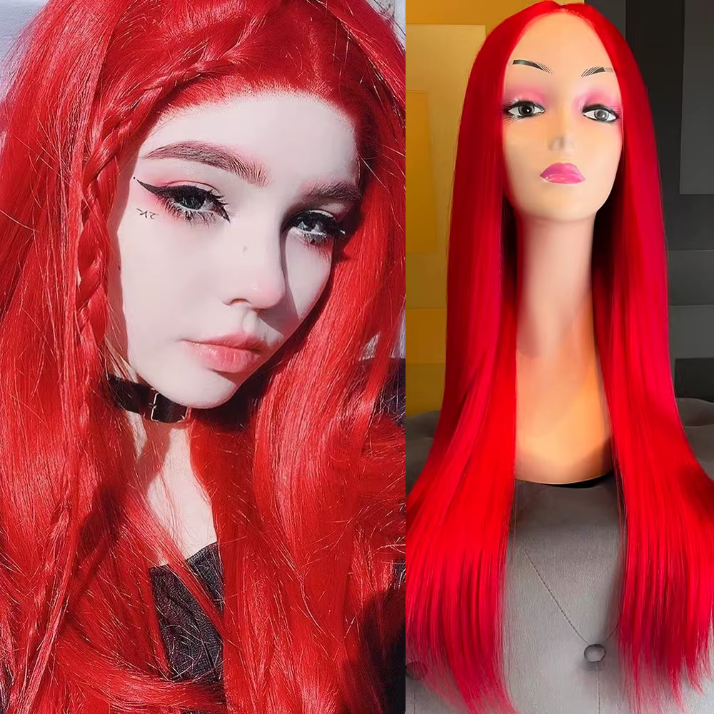 Perruque Lace Front Wig synthétique rouge longue et lisse, perruque de Cosplay avec raie centrale en