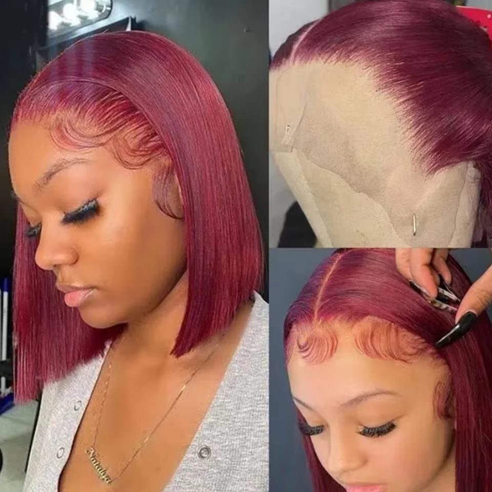 Perruque Bob 99J Bourgogne en Cheveux Humains, Lace Frontal 13x4 Lisse, 100% Cheveux Humains Brésili