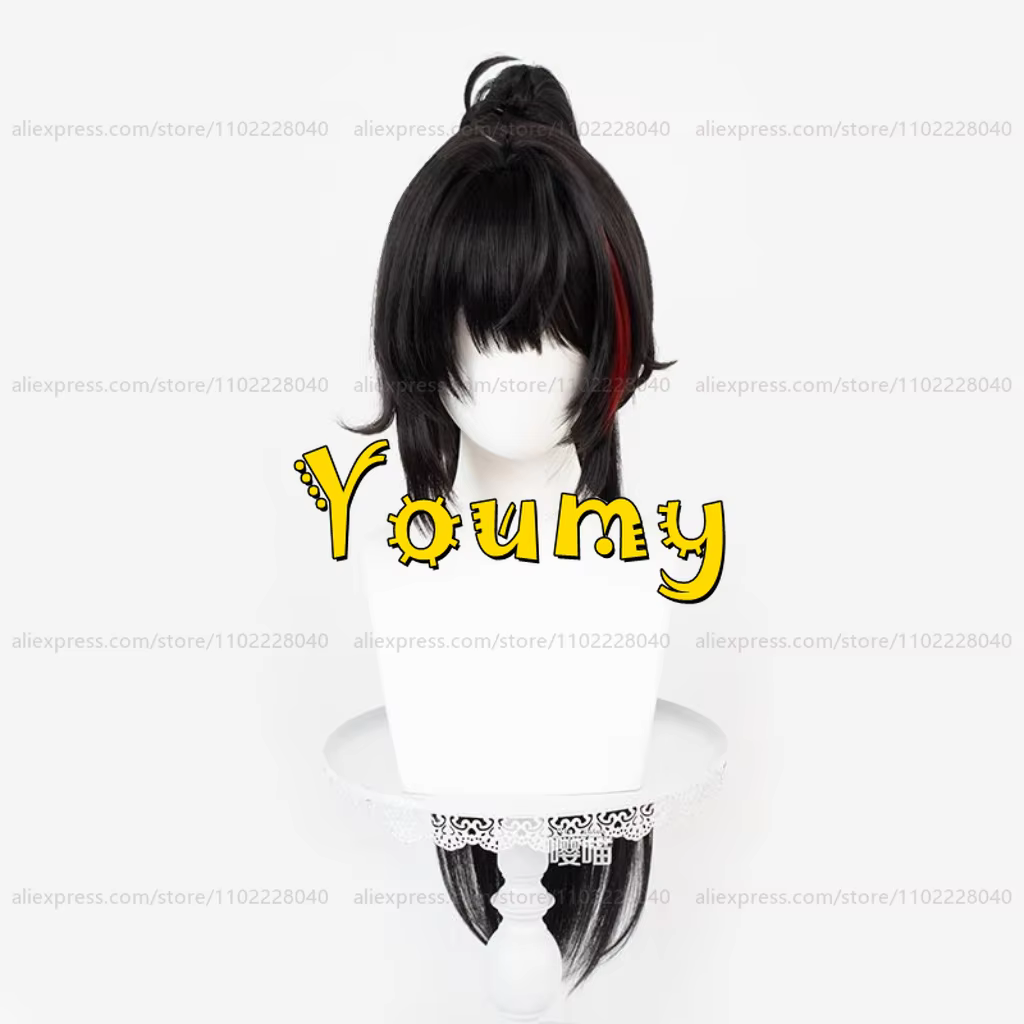 Perruque Nikke Bay avec queue de cheval, 65 cm de long, noire et rouge, perruque synthétique résista