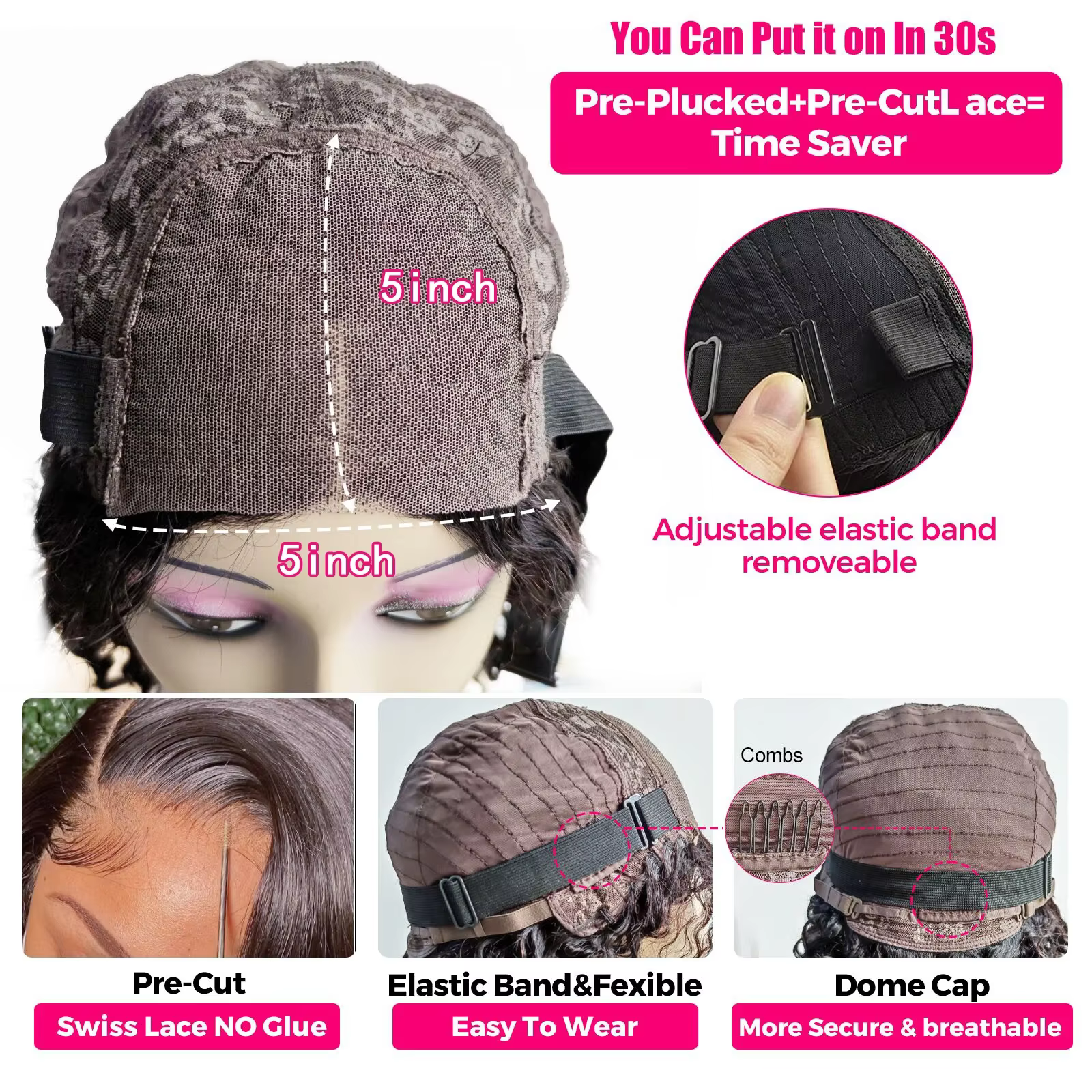 Perruque Body Wave 5x5 6x4 sans colle avec fermeture en dentelle, prête à porter, pré-coupée, en che