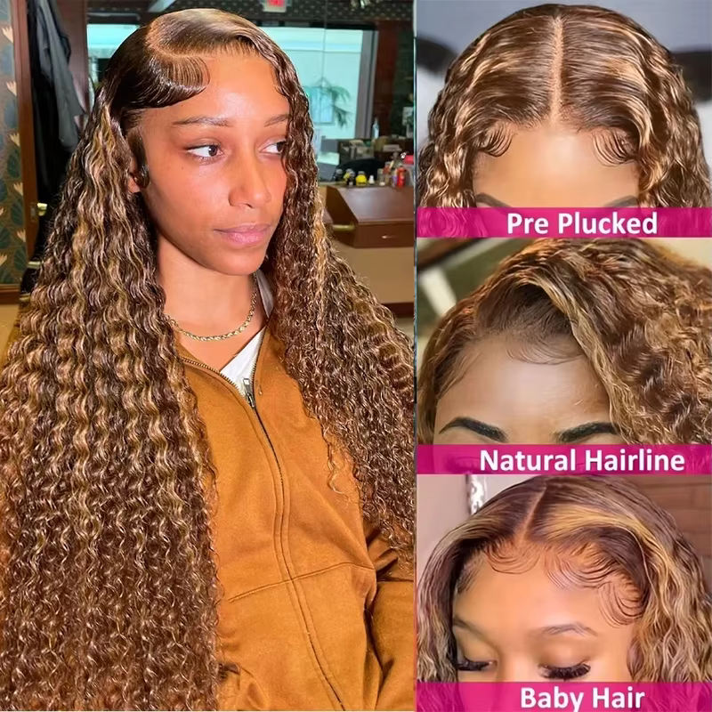 Perruque bouclée en cheveux humains blond miel, 13x4 Lace Front, Deep Wave, pré-épilée, avec dentell