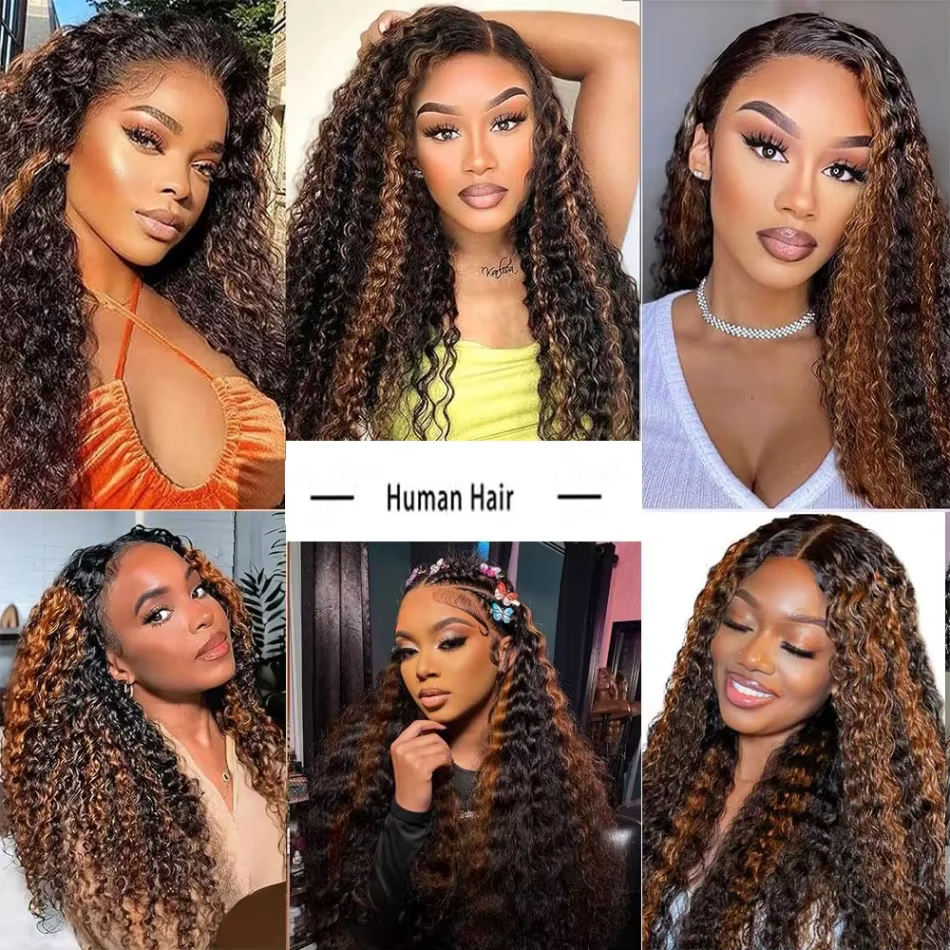 Perruque Lace Front Wig naturelle bouclée à reflets, cheveux humains, Deep Wave, 13x6, 13x4, Hd, P4/