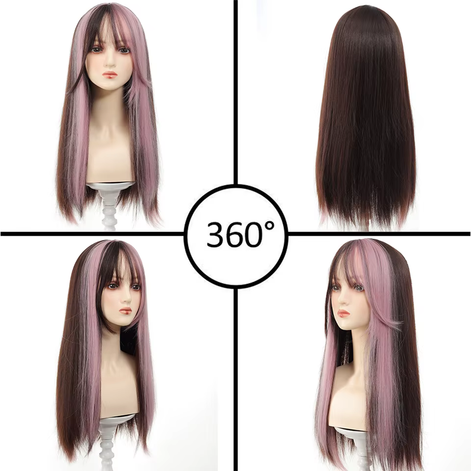 Loiita – perruque synthétique longue et lisse, 24 pouces, noir, rose, Double queue de cheval, Extens
