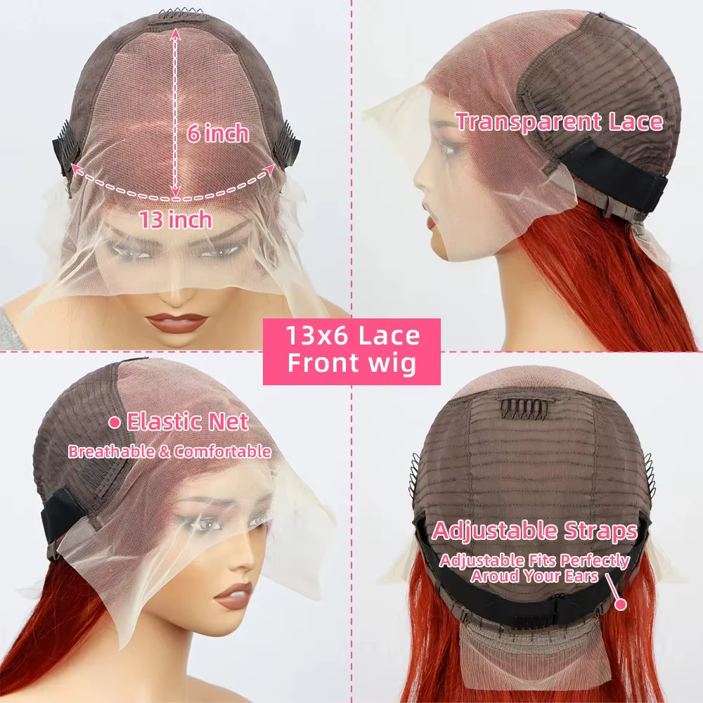 Perruque Lace Front Wig Body Wave naturelle, cheveux roux, brun foncé, 13x6 HD, 13x4, pre-plucked, e