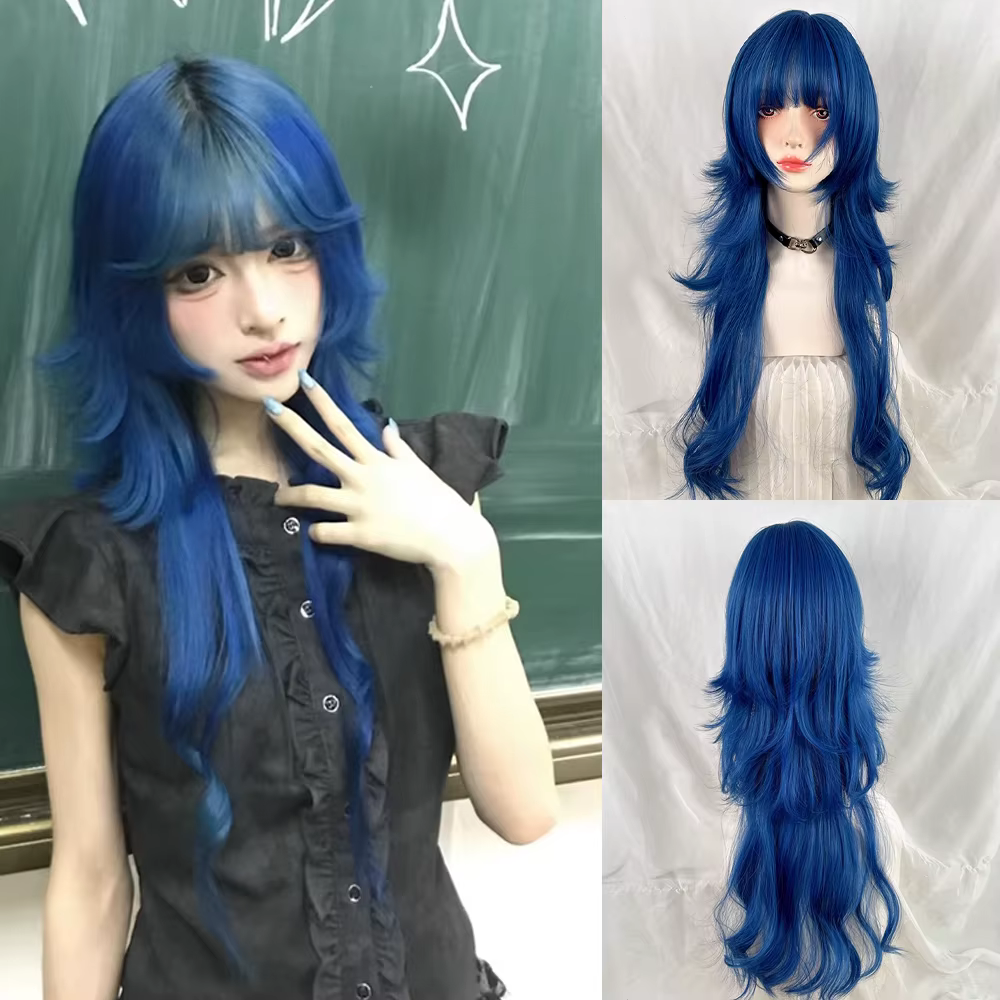 Perruque synthétique longue ondulée bleue avec tête de méduse, perruque superposée avec frange Y2K L