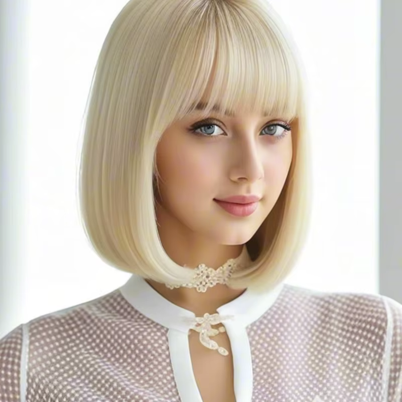 Perruque synthétique à frange blonde pour femmes, 12 pouces, moelleuse naturelle douce et volumineus