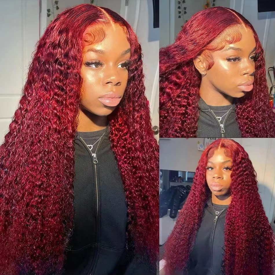 99J bordeaux 13x6 hd dentelle frontale perruque vague d'eau bouclés 13x4 rouge Remy cheveux humains 