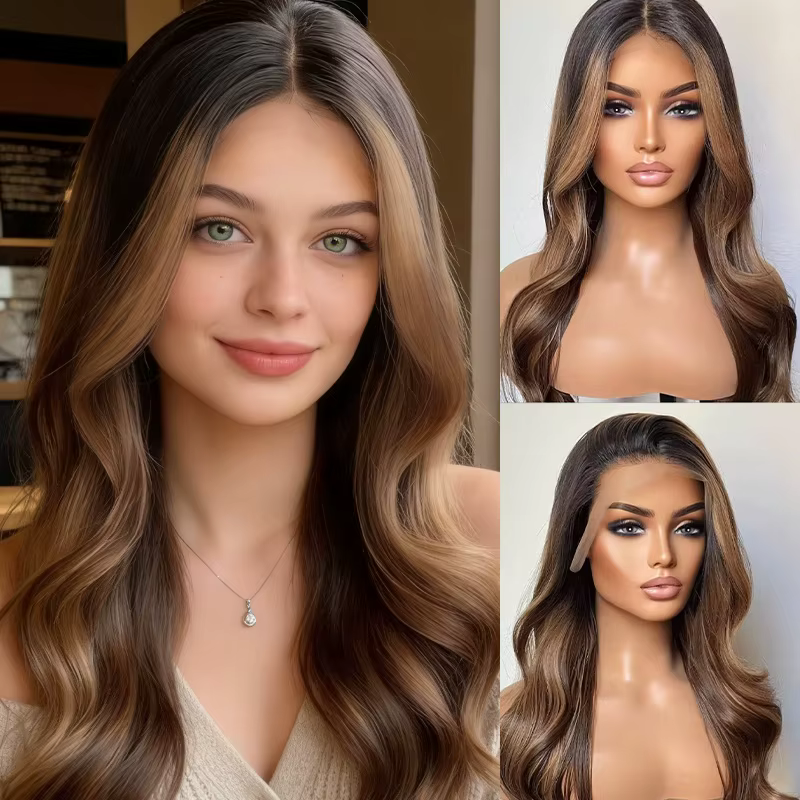 Perruque synthétique longue ondulée ombrée brun cendré blond en fibre Futura, perruque frontale en d