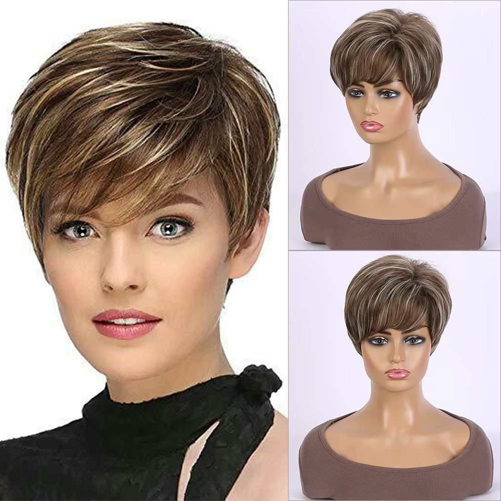Perruque synthétique courte et lisse avec frange pour femmes, perruque brune mixte naturelle, usage 