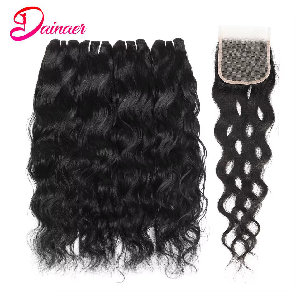 Extensions de Cheveux Péruviens Naturels Ondulés avec Fermeture, Mèches 100% Naturelles Remy, 4x4