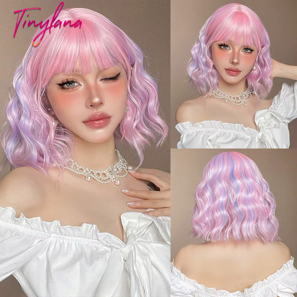 Perruques Synthétiques Bouclées avec Frange pour Femme, Perruque Bob Courte, Perruque Cosplay Coloré