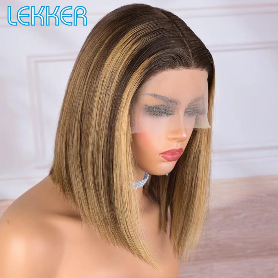 Lekker mettre en évidence brun court droit Bob 13x1 T partie dentelle avant 100% perruques de cheveu