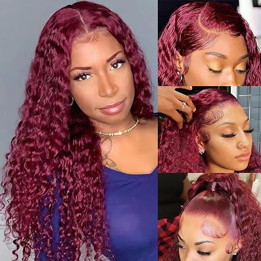 Ondulations profondes # Perruque frontale en dentelle HD 13x6 couleur bordeaux 99J, cheveux humains,