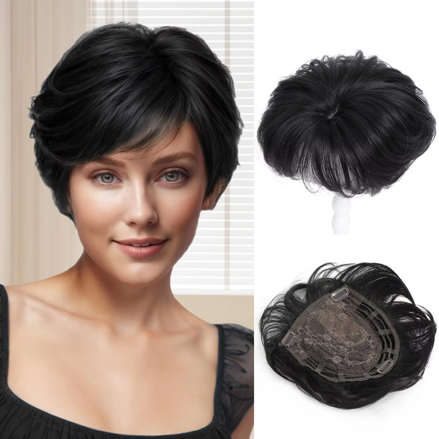Extensions de cheveux synthétiques ondulés et volumineux gris coupe Pixie pour femmes, 6,8' x 7', à 