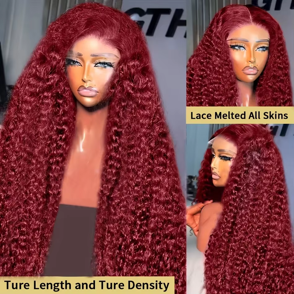 Perruque Lace Front Wig Deep Wave Naturelle Bouclée Rouge Bordeaux 99J, 13x4, Pre-Plucked, Densité 1