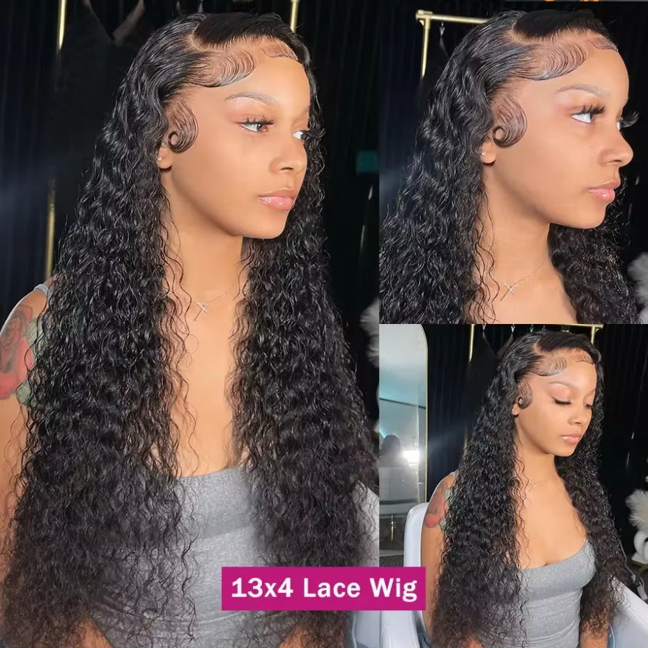 Perruque Lace Frontal Wig naturelle bouclée, cheveux humains, Deep Wave, Transparent HD, 13x 4/13x6,