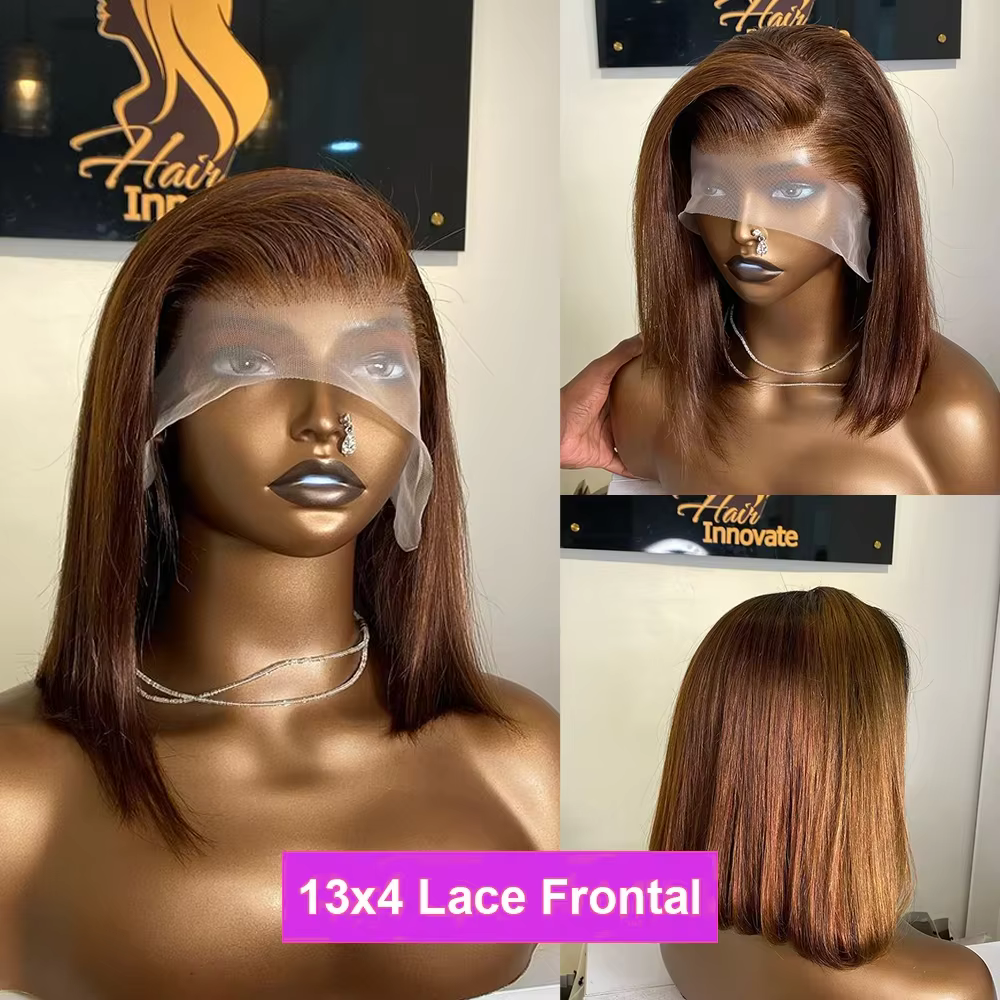 Perruque courte et droite brune, coupe bob, 13x4, 4x4, avec dentelle frontale HD, 100% cheveux humai