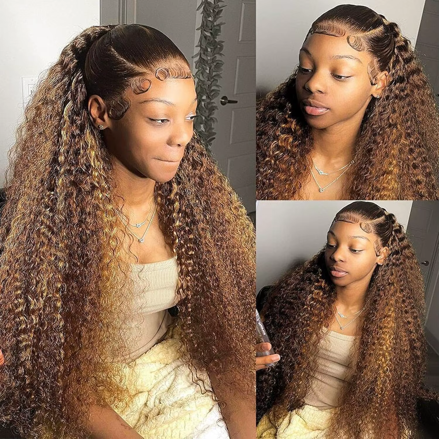 Perruque Lace Frontal Wig naturelle bouclée ombrée à reflets blonds, perruque transparente Hd ondulé