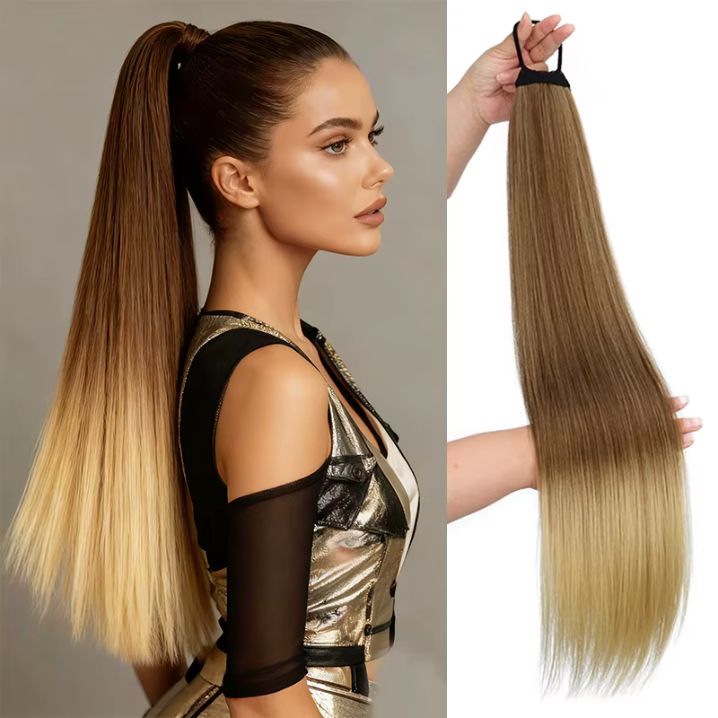 Extension de cheveux synthétiques longs et raides pour femmes, avec bande élastique, ajoute du volum