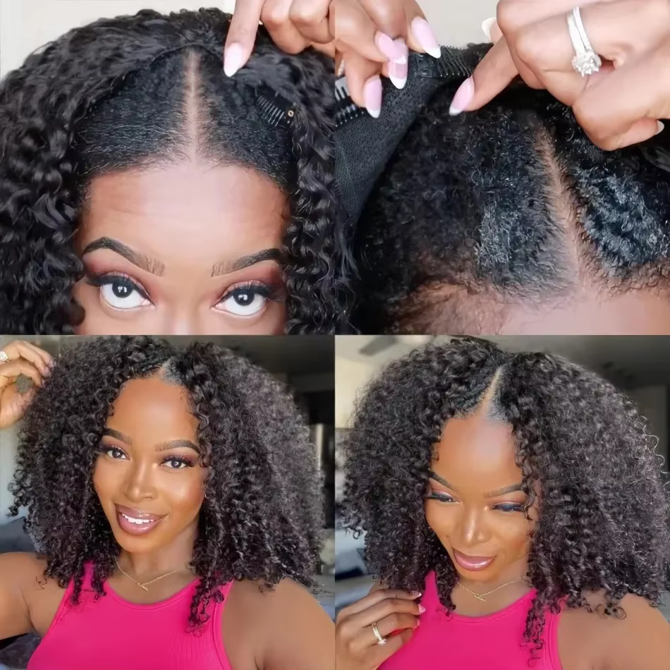 300 densité crépus bouclés V partie 100% perruque de cheveux humains profond Afro bouclés V partie p
