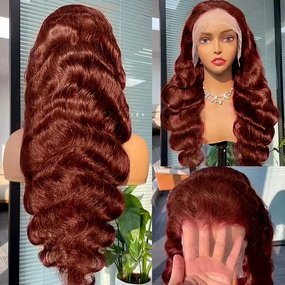 Perruque Lace Frontal Wig Body Wave naturelle, cheveux humains, brun rougeâtre, 13x4, Hd, 13x6, pre-