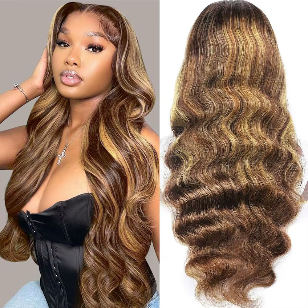 Perruque Lace Front Wig Body Wave Naturelle, Cheveux Humains, Couleur Ombre, Blond Miel, à Reflets