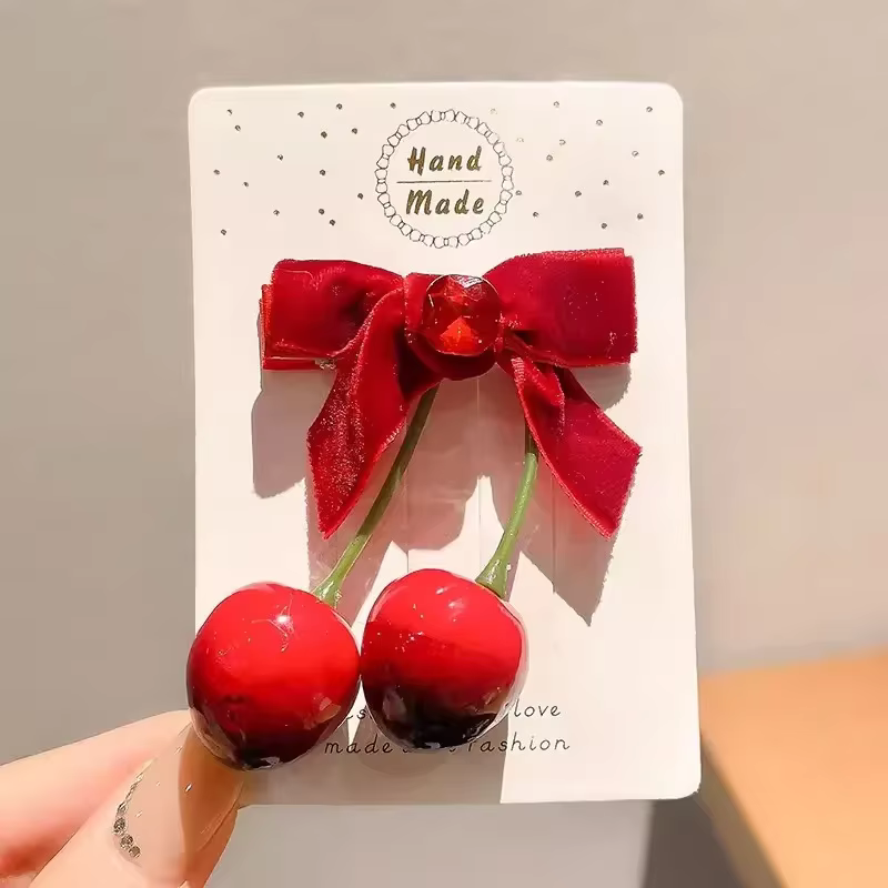 Pince à cheveux avec nœud en velours rouge cerise, Barrettes au Design de bord élégant pour femmes e