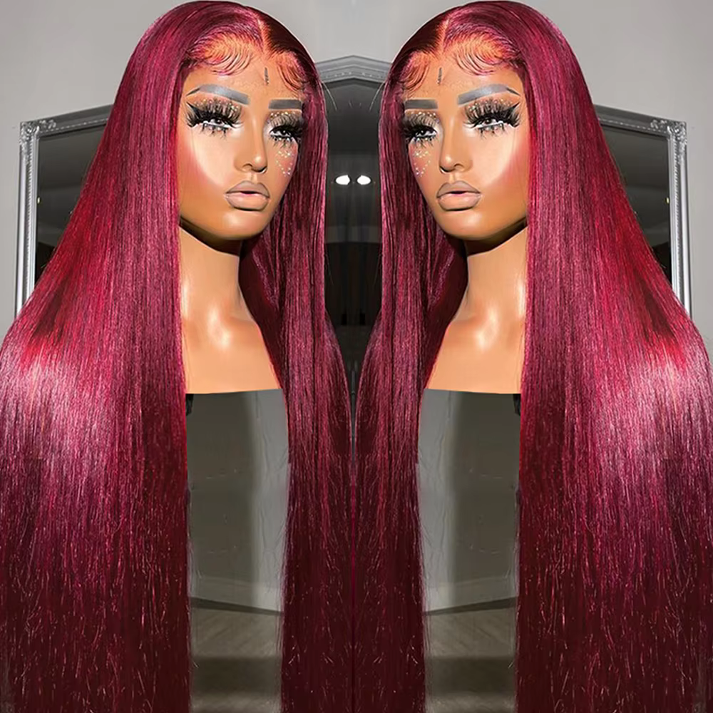 Perruque Lace Front Wig sans colle naturelle, cheveux lisses, rouge bordeaux 99J, 13x6, 13x4 HD, 30 