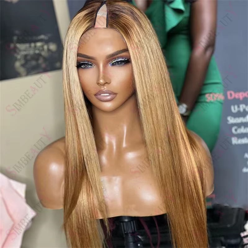 Perruque V-Part 1x4 Lisse Ondulée avec Mèches Blond Miel, Cheveux Humains 100% Non Traités, Sans Col