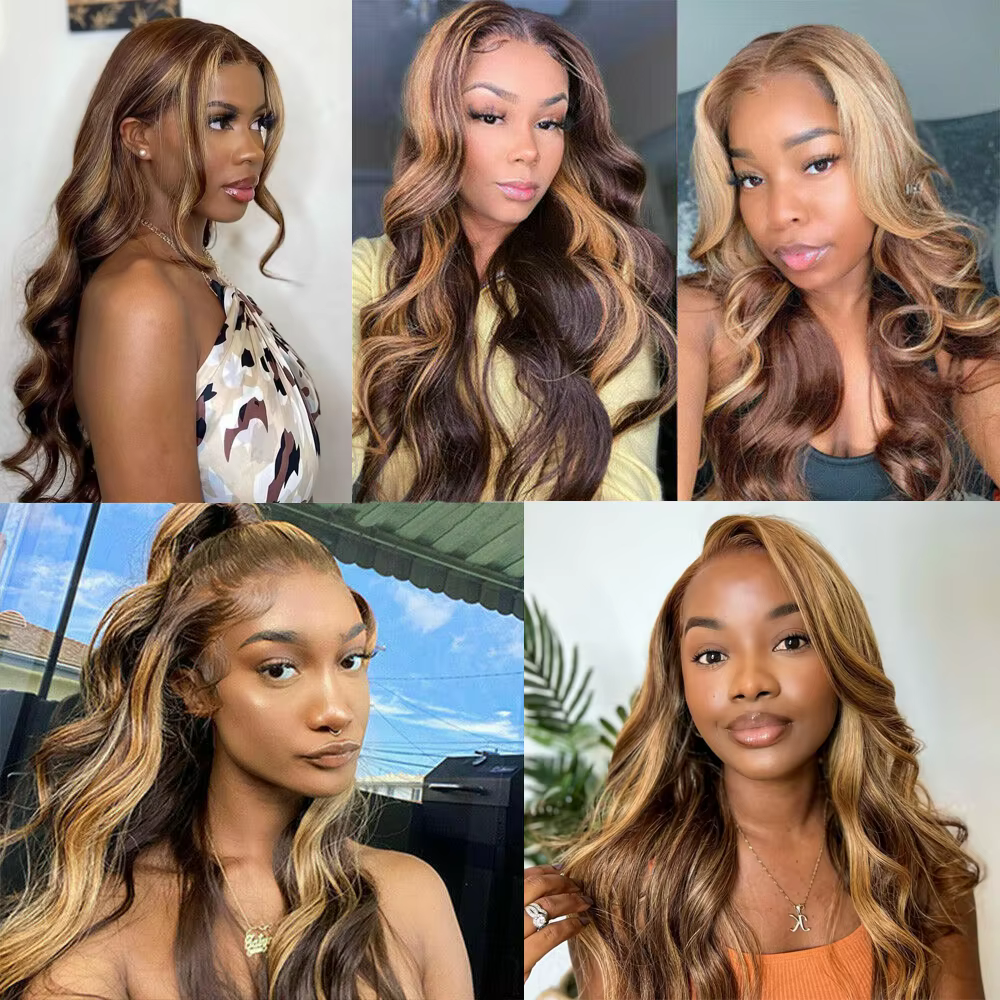 Perruque Lace Front Wig Body Wave Naturelle, Cheveux Humains, Couleur Ombre, Blond Miel, à Reflets