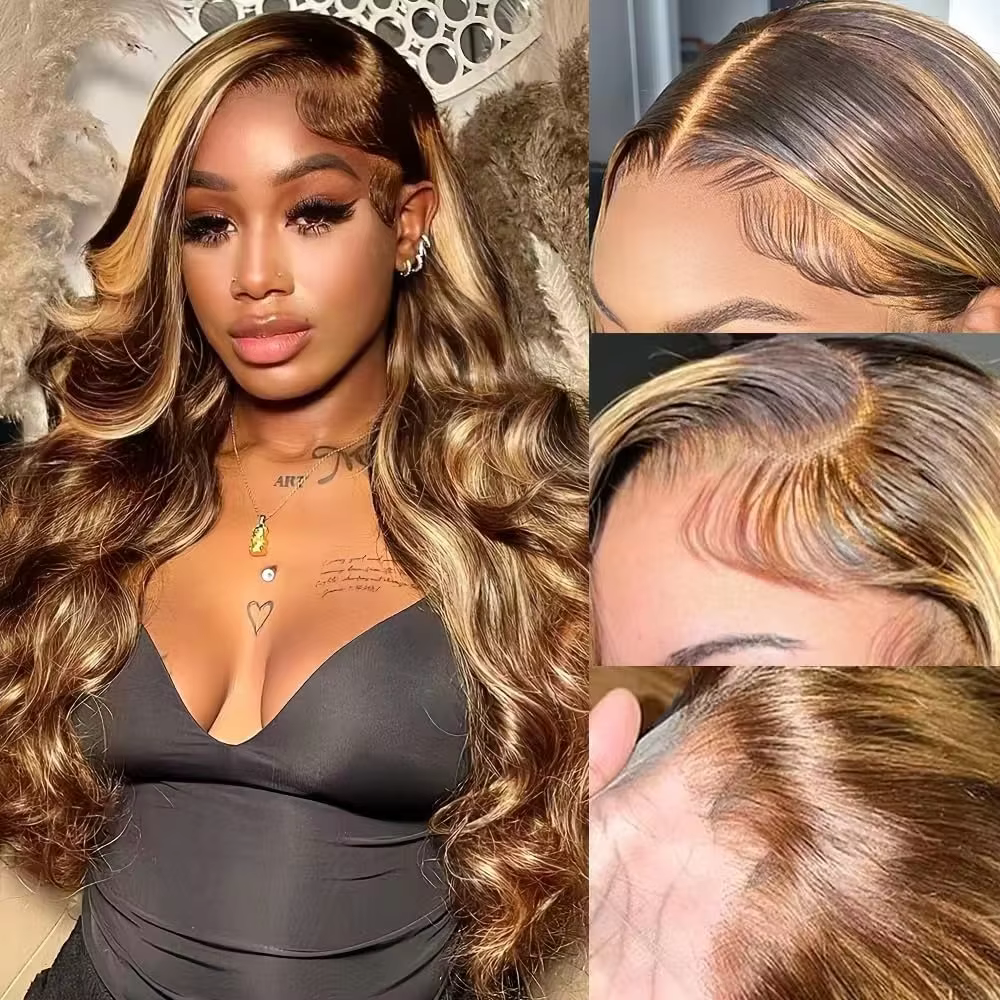 Perruque Lace Frontale en Cheveux Humains Ondulés avec Mèches, Densité 220, Couleur P427, 46 Pouces,