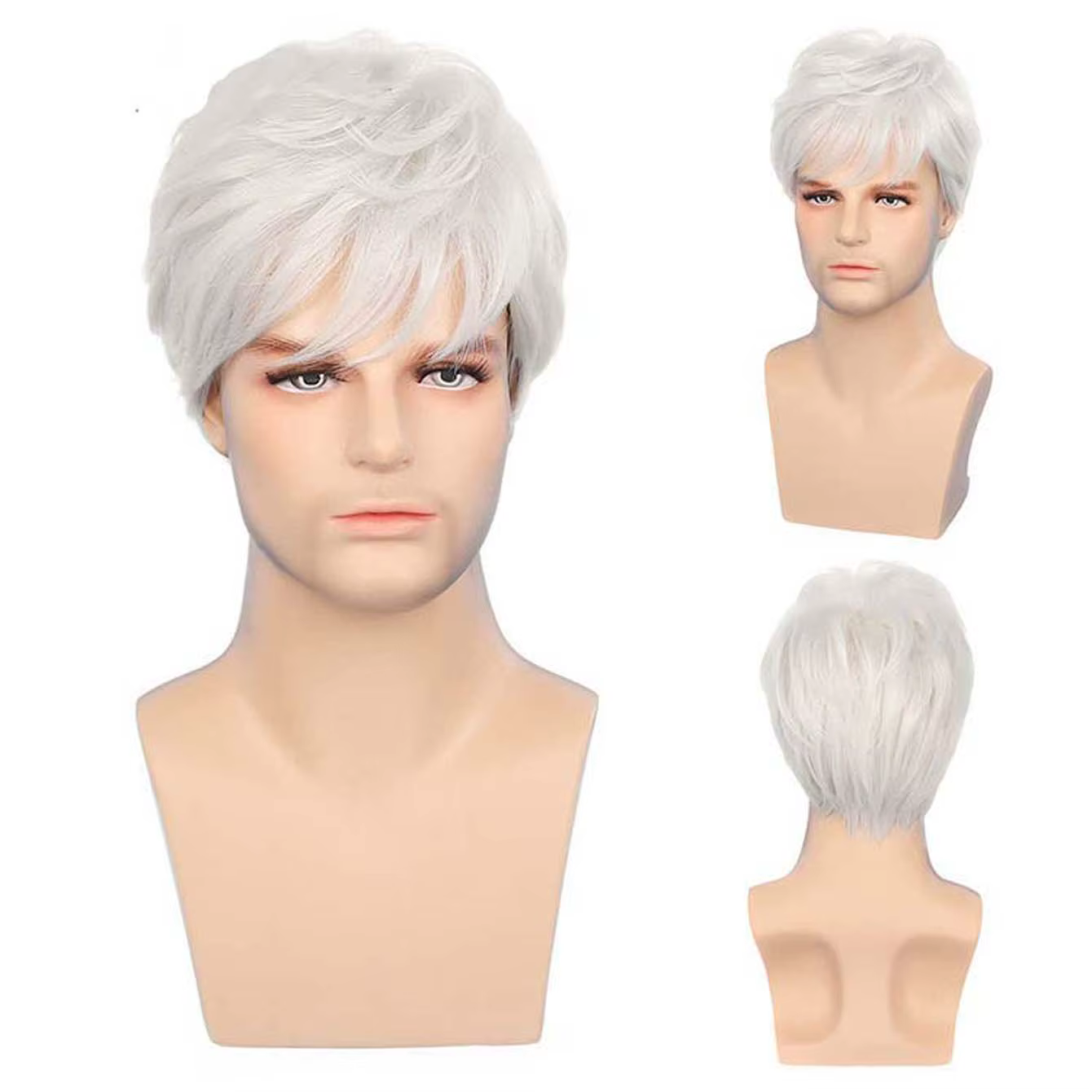 Perruque Synthétique Courte Bouclée avec Frange pour Homme, Coiffures Blanches, Costume de ixde Carn