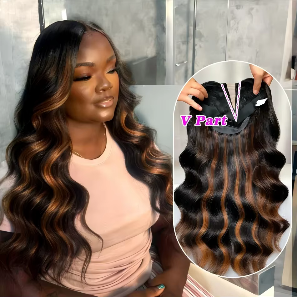 Perruque V-Part Body Wave améliorée avec cordon de serrage réglable, densité 220, forme en V, demi-p