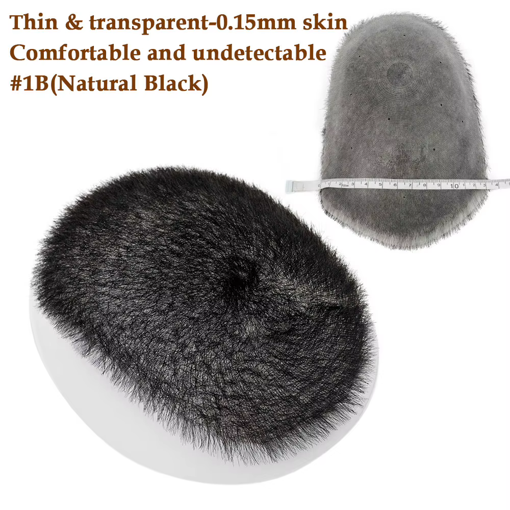 Toupet en PU ultra fin pour hommes, 100% cheveux humains, coupe buzz, dessus noir transparent, proth