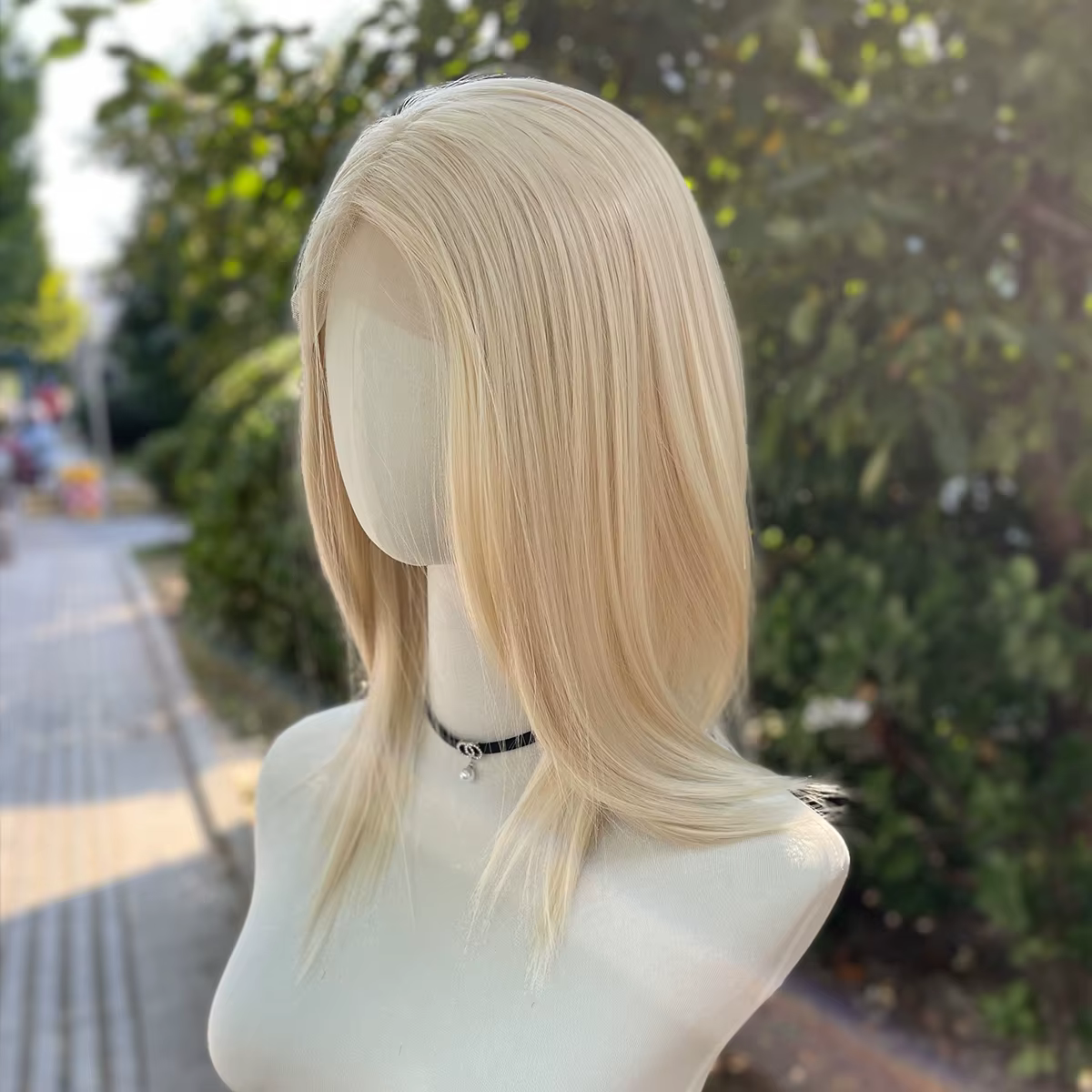 Perruque Lace Front Wig synthétique sans colle, blond clair, longueur d'épaule, 13x4, avec raie cent