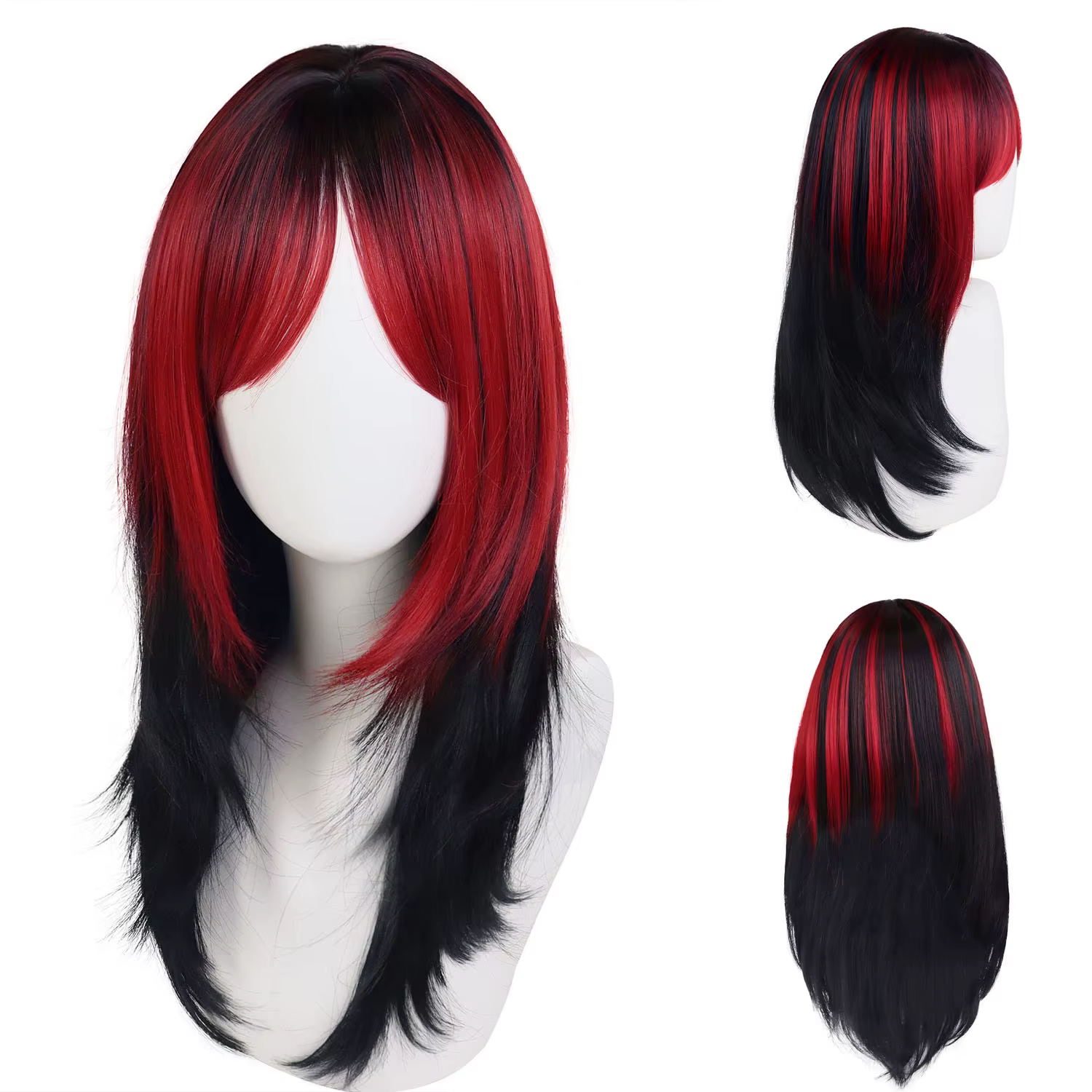 Perruques rouges et noires pour femmes, cheveux synthétiques longs et lisses avec frange, perruques 